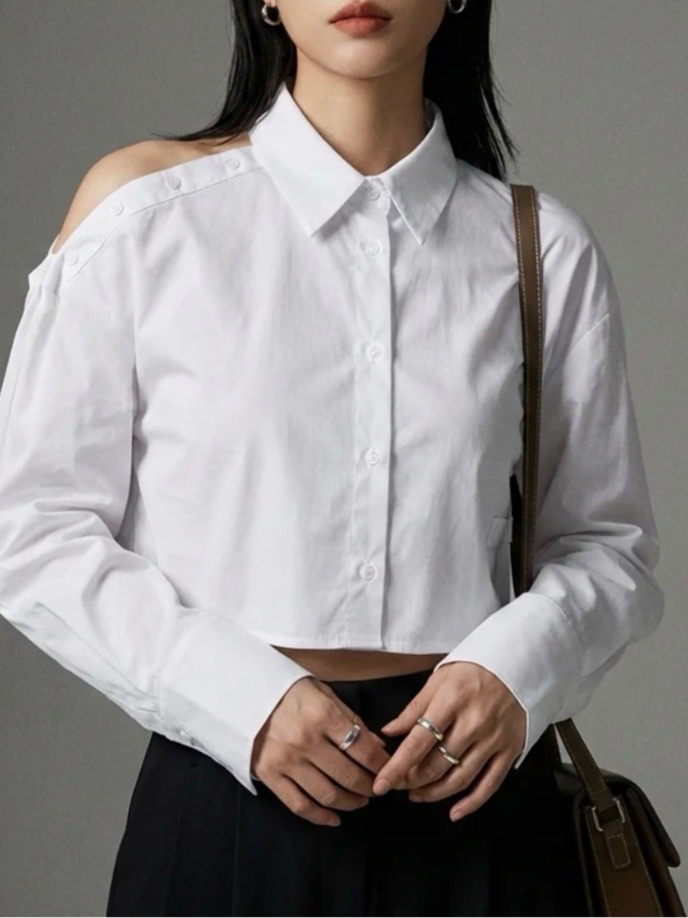 Zara White Cold-Shoulder Cropped Button-Up Shirt